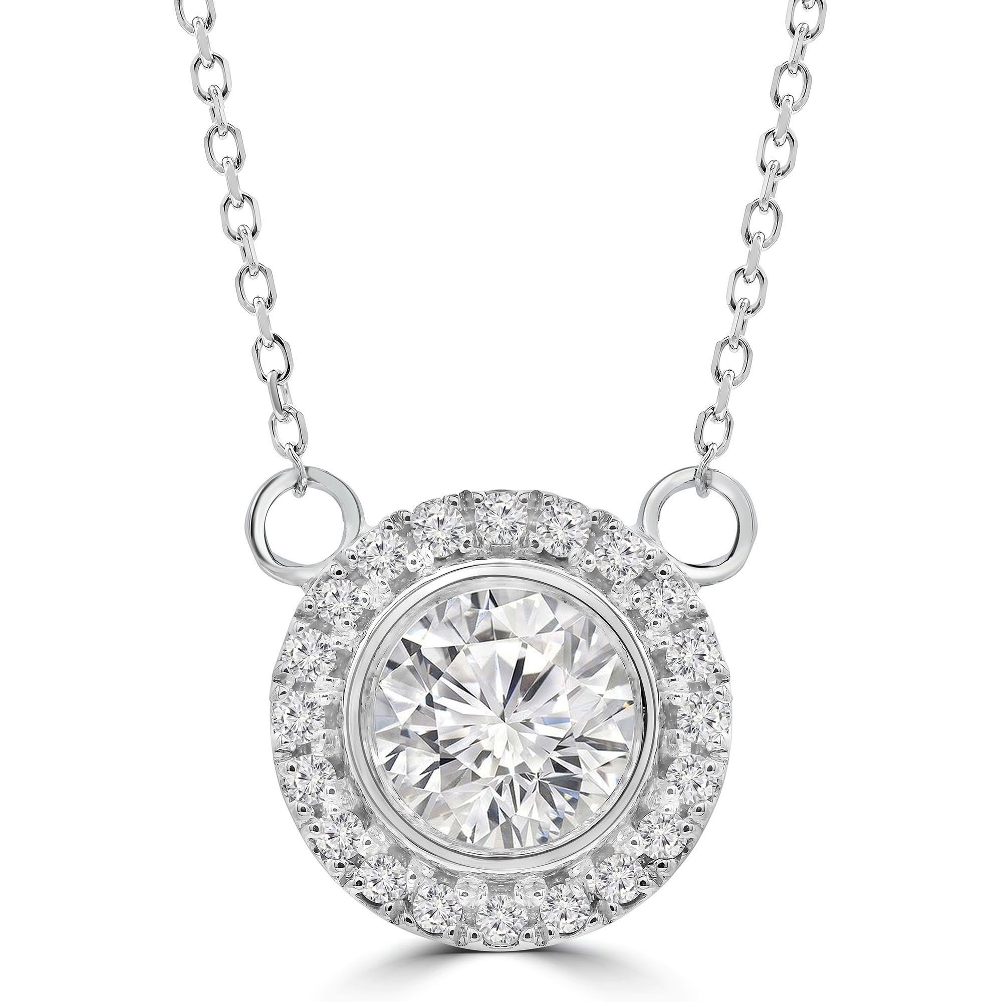 0.48 CT Round VS2 G Diamond Halo Pendant Necklace 14K White Gold